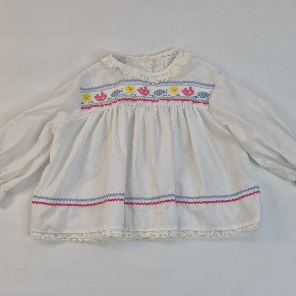 Alice Aiken Blouse Smocked White Embroidered Baby Dress Size 3 Months Vintage